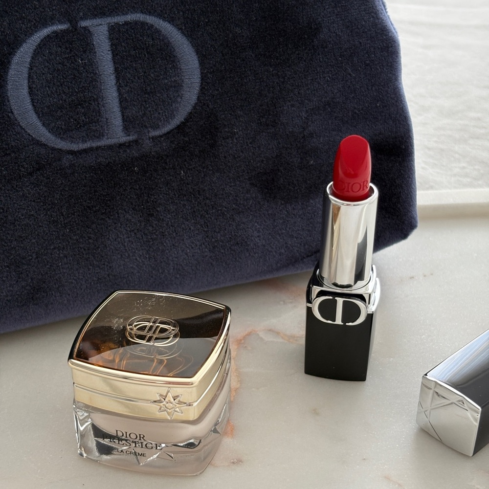 Dior Navy Velvet Beauty Pouch | Dior Prestige La Crème | Rouge Dior Lipstick - Picture 3 of 9
